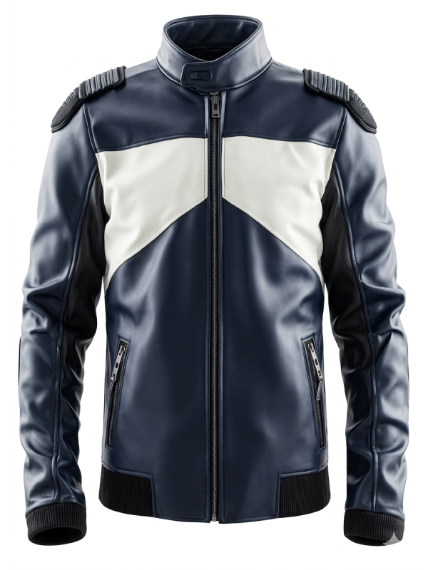 Men’s High Neck Blue and White Biker Leather Jacket