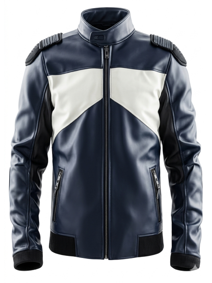 Men’s High Neck Blue and White Biker Leather Jacket