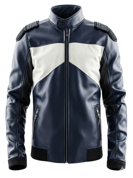 Men’s High Neck Blue and White Biker Leather Jacket
