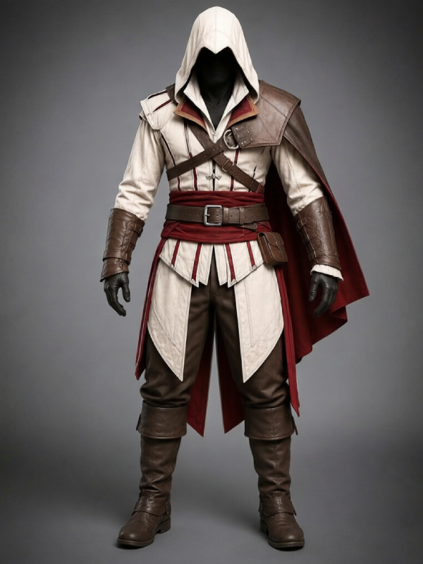 Men's Leather Hooded Trench Coat Assassin's Creed Style Cosplay Costume
