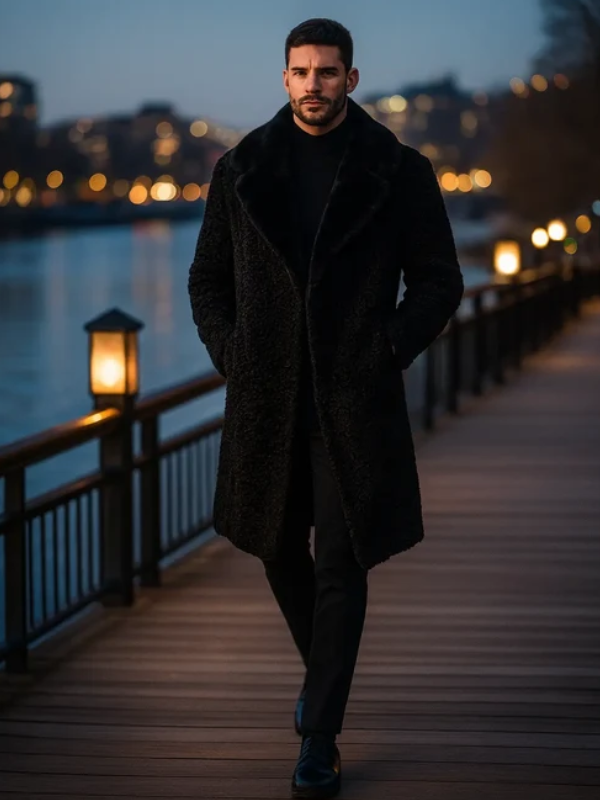Men’s Long Black Persian Lamb Fur Coat with Genuine Mink Collar