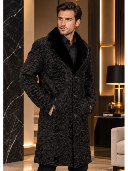 Men's Long Black Persian Lamb Fur Coat with Mink Collar