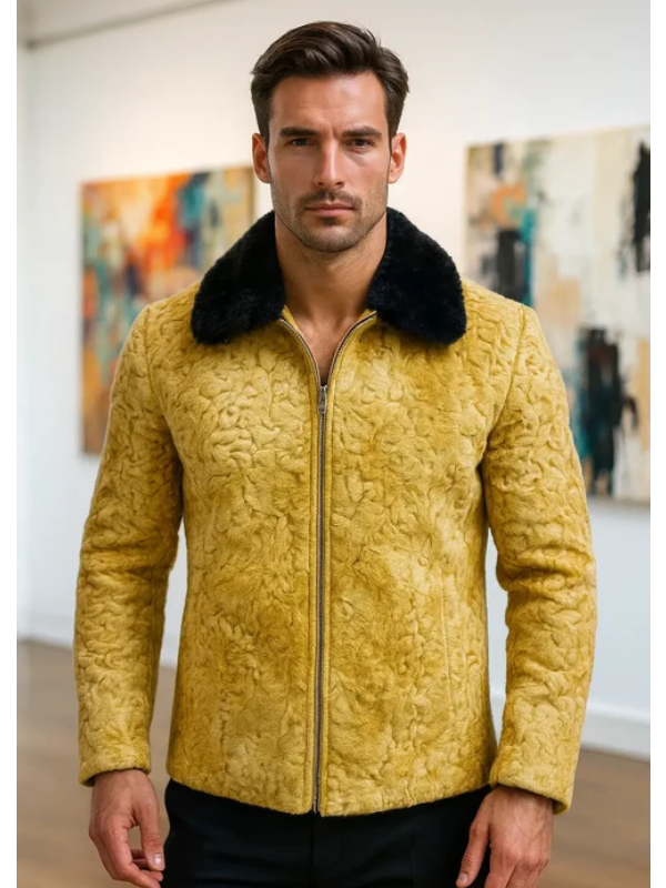 Men’s Luxury Persian Lamb Fur Jacket in Mustard Brown