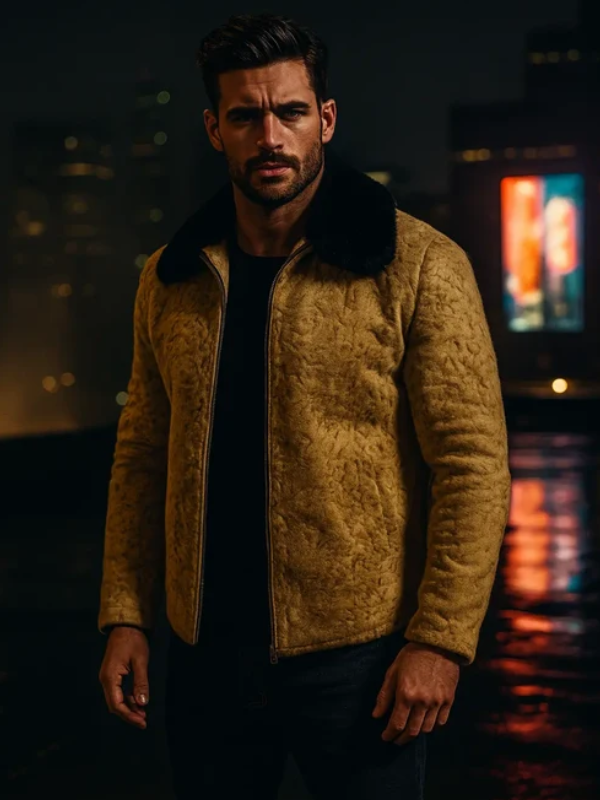 Men’s Mustard Brown Persian Lamb Fur Winter Bomber Jacket