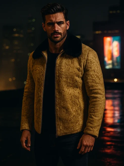 Men’s Mustard Brown Persian Lamb Fur Winter Bomber Jacket