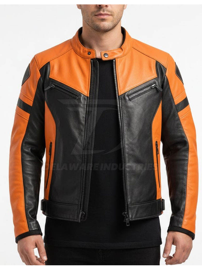 Men’s Orange and Black Leather Racer Jacket