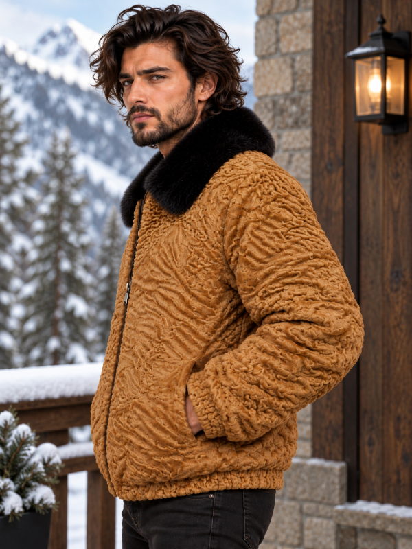 Men’s Persian Lamb Astrakhan Fur Winter Bomber Jacket in Brown
