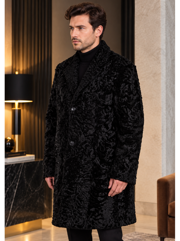 Men's Persian Lamb Fur Coat Black with Genuine Mink Fur Collar