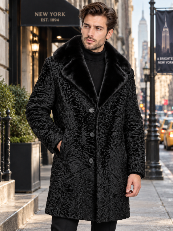 Men’s Persian Lamb Fur Winter Coat Black with Mink Collar