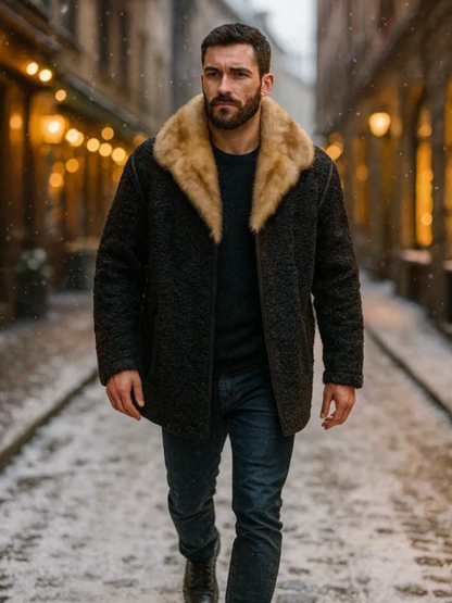 Men’s Persian Lamb Fur Winter Coat with Cream Mink Collar