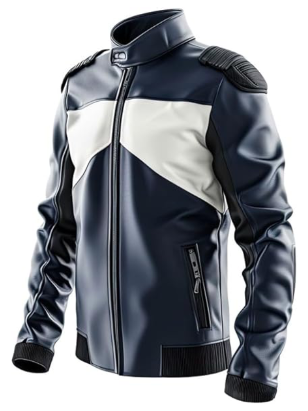 Men’s Slim Men’s Blue and White Biker Leather Jacket