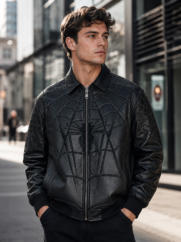 Men’s Supreme Spider-Man Hooded Leather Jacket Marvel Superhero Streetstyle Outerwear
