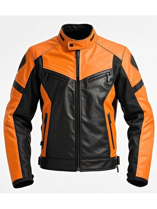 Men’s Two-Tone Orange & Black Leather Motorcycle Jacket