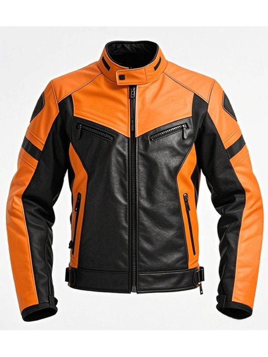 Men’s Two-Tone Orange & Black Leather Motorcycle Jacket