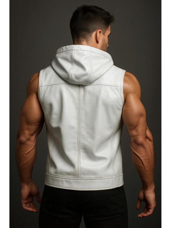 Men’s White Hooded Leather Vest Muscle Fit Sleeveless Jacket
