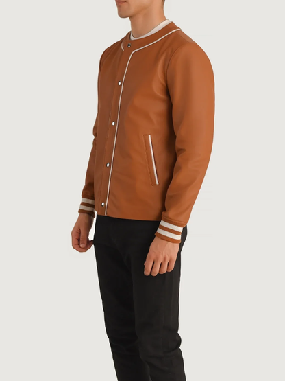 Men s Willis Tan Brown Leather Varsity Jacket