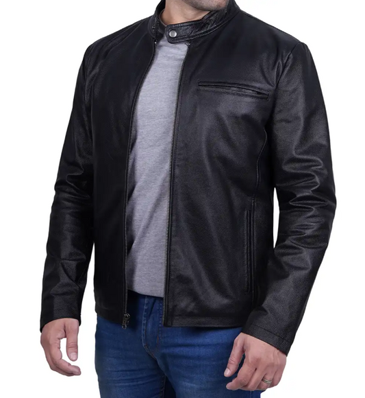 Mens Black Cafe Racer Cowhide Leather Jacket