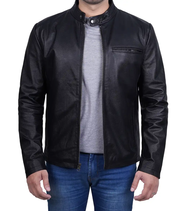 Mens Black Cafe Racer Cowhide Leather Jacket