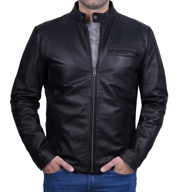 Mens Black Cafe Racer Cowhide Leather Jacket