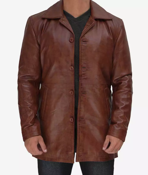 Mens Tall Premium 3/4 Length Cognac Waxed Leather Car Coat