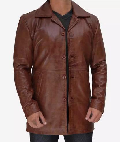 Mens Tall Premium 3/4 Length Cognac Waxed Leather Car Coat