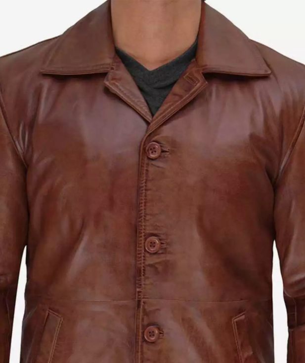 Mens Tall Premium 3/4 Length Cognac Waxed Leather Car Coat