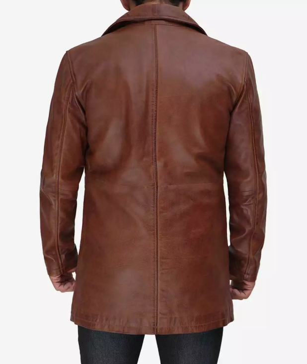 Mens Tall Premium 3/4 Length Cognac Waxed Leather Car Coat