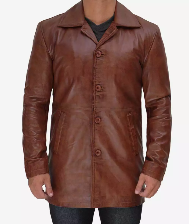 Mens Tall Premium 3/4 Length Cognac Waxed Leather Car Coat