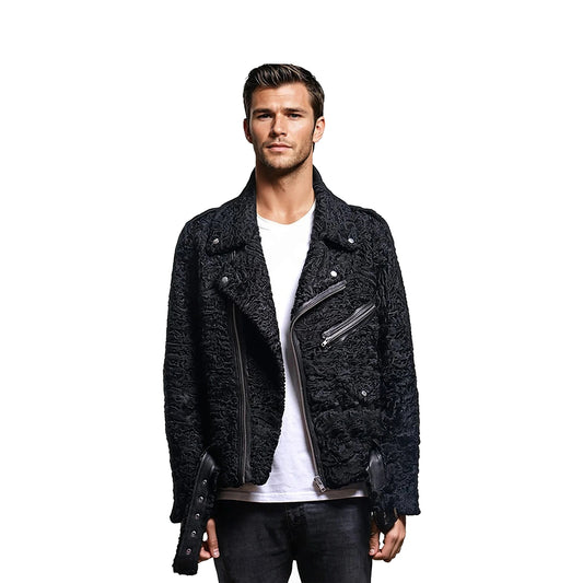 Man wearing a black textured jacket on a white background