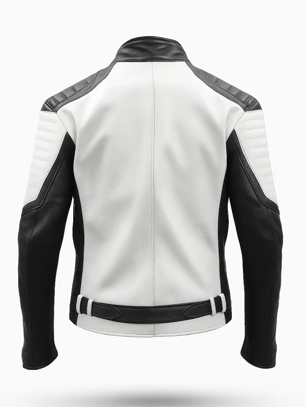 Mens Black White Cafe Racer Leather Jacket