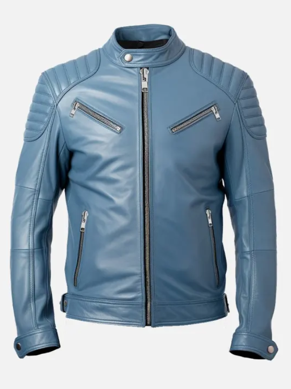 Mens Blue Cafe Racer Leather Jacket