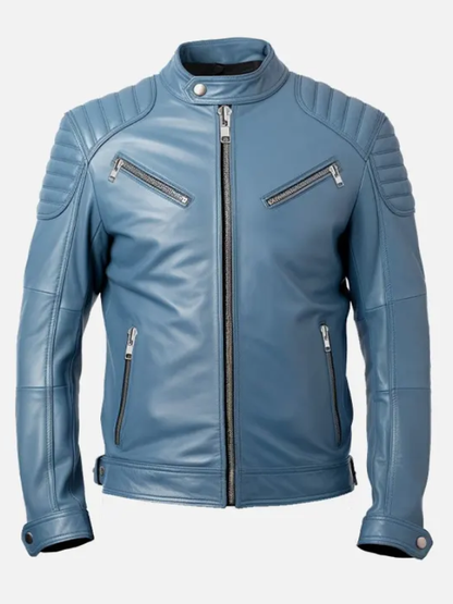 Mens Blue Cafe Racer Leather Jacket