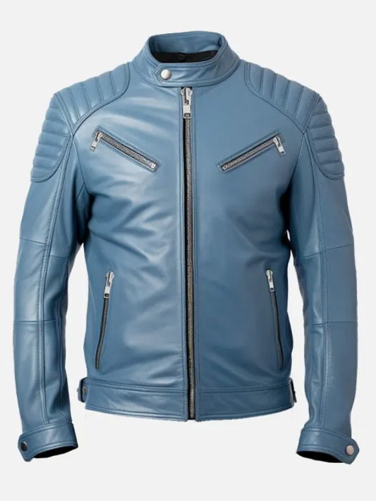 Mens Blue Cafe Racer Leather Jacket