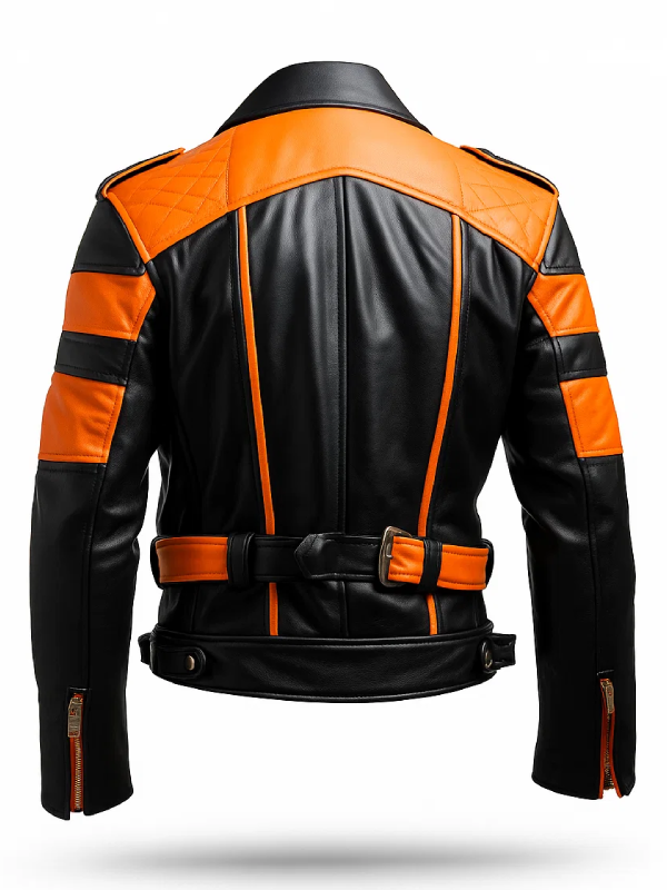 Mens Stylish Orange Black Biker Leather Jacket For Bikers