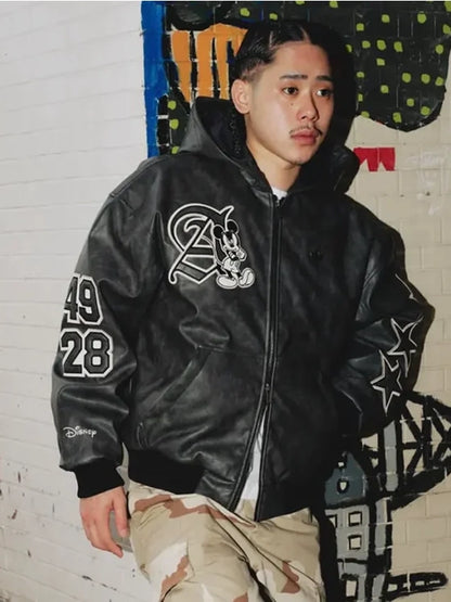 Mickey Mouse Where Dreams Come True Adidas x Disney Black Leather Jacket