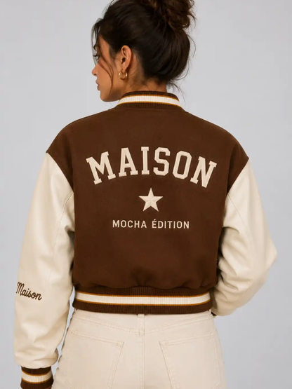 Mocha Maison Embroidered Cropped Varsity Jacket Women Brown Cream