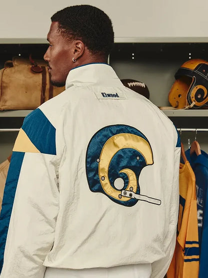 NFL Los Angeles Rams x Elwood Off White Retro Blue And Gold Helmet Windbreaker Track Jacket