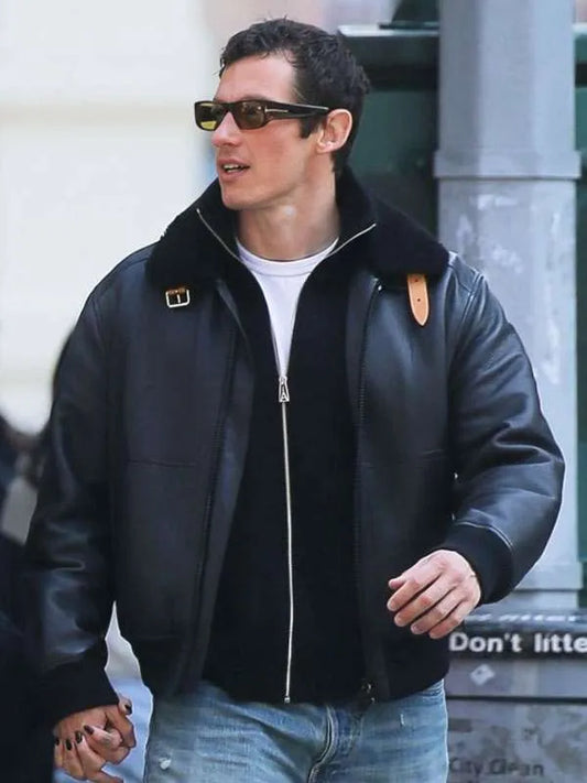 NYC 2026 Callum Turner Black Bomber Leather Jacket