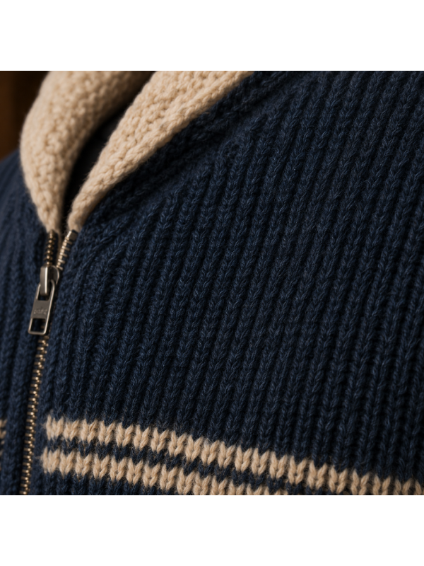 Navy Blue Cardigan Sweater with Contrast Stripes