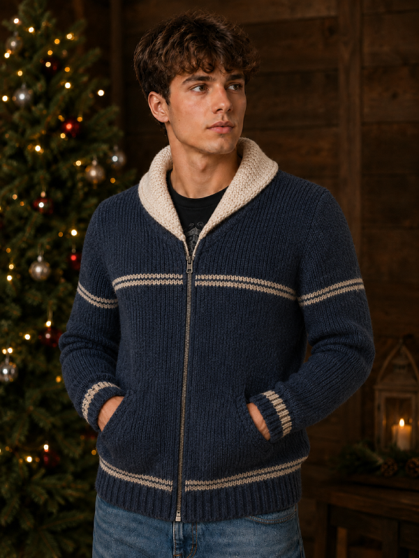 Navy Blue Open Front Cardigan with Stripes