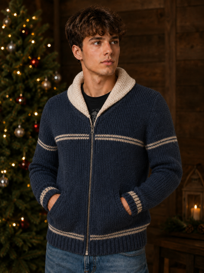 Navy Blue Open Front Cardigan with Stripes