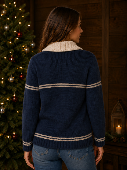 Navy Blue Striped Cardigan Sweater for Women