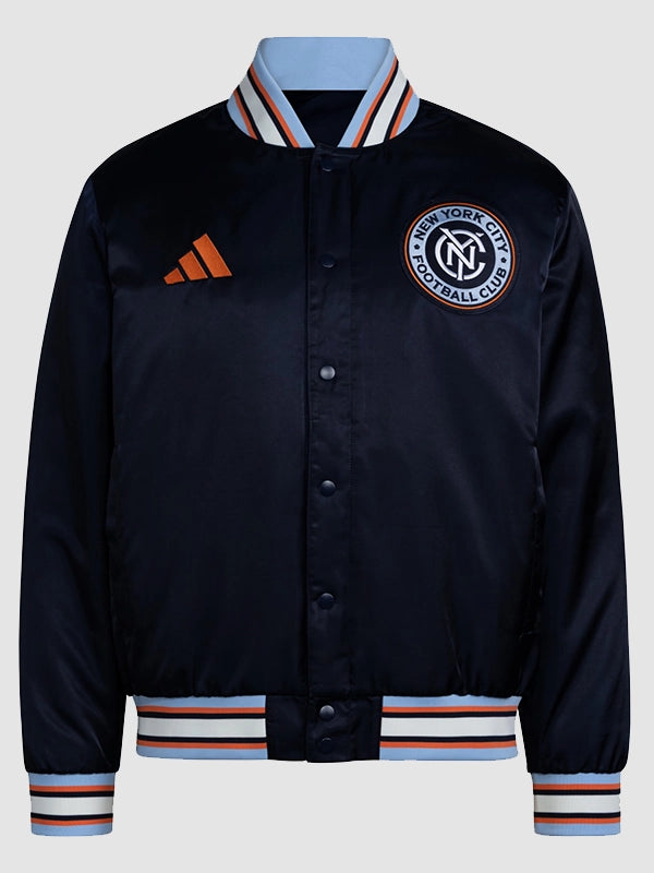 New York City Adidas 2026 Coaches Satin Jacket in Navy Blue