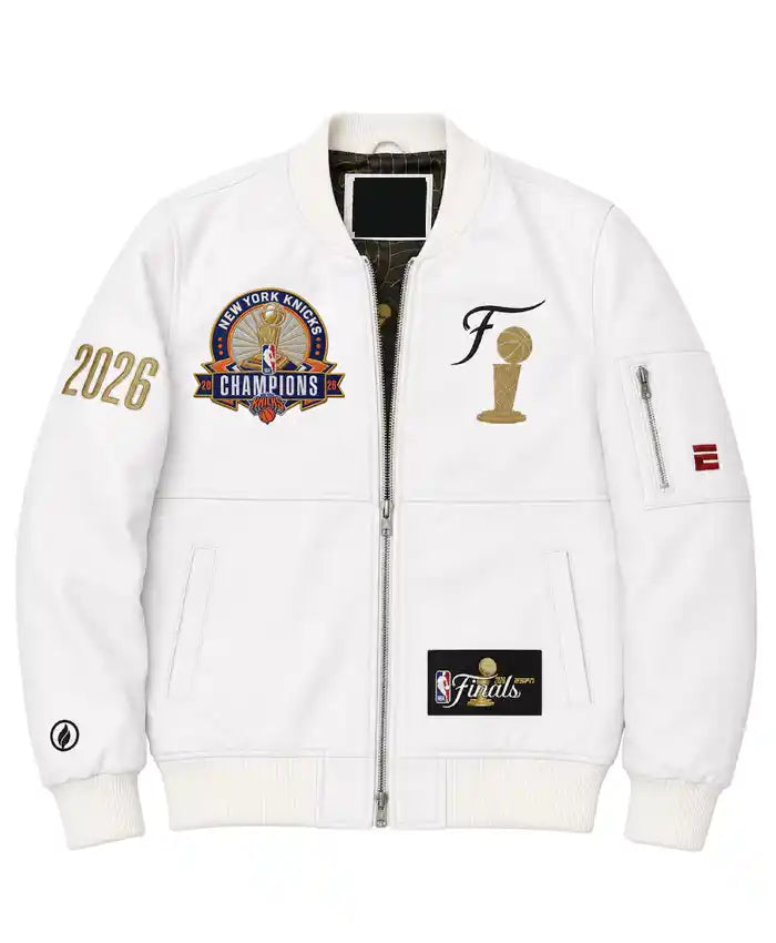 New York Knicks FISLL 2026NBA Finals Team White Leather Jacket