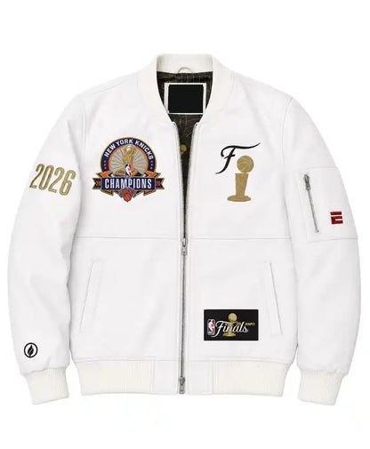 New York Knicks FISLL 2026NBA Finals Team White Leather Jacket