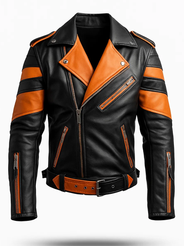 Orange Black Biker Leather Jacket-For Bikers