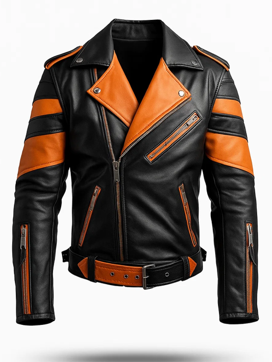Orange Black Biker Leather Jacket-For Bikers
