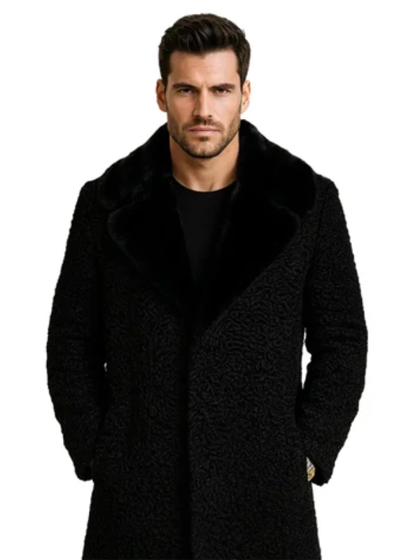 Men’s Black Persian Lamb Fur Coat with Real Mink Fur Collar