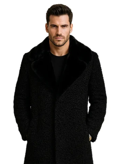 Men’s Black Persian Lamb Fur Coat with Real Mink Fur Collar