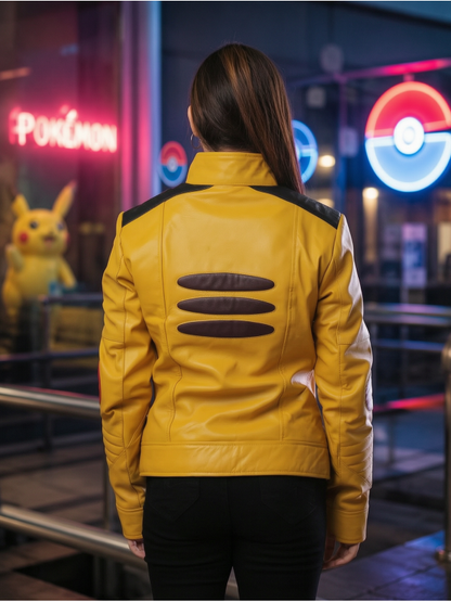 Pikachu Style Yellow Leather Jacket Anime Cosplay Outfit